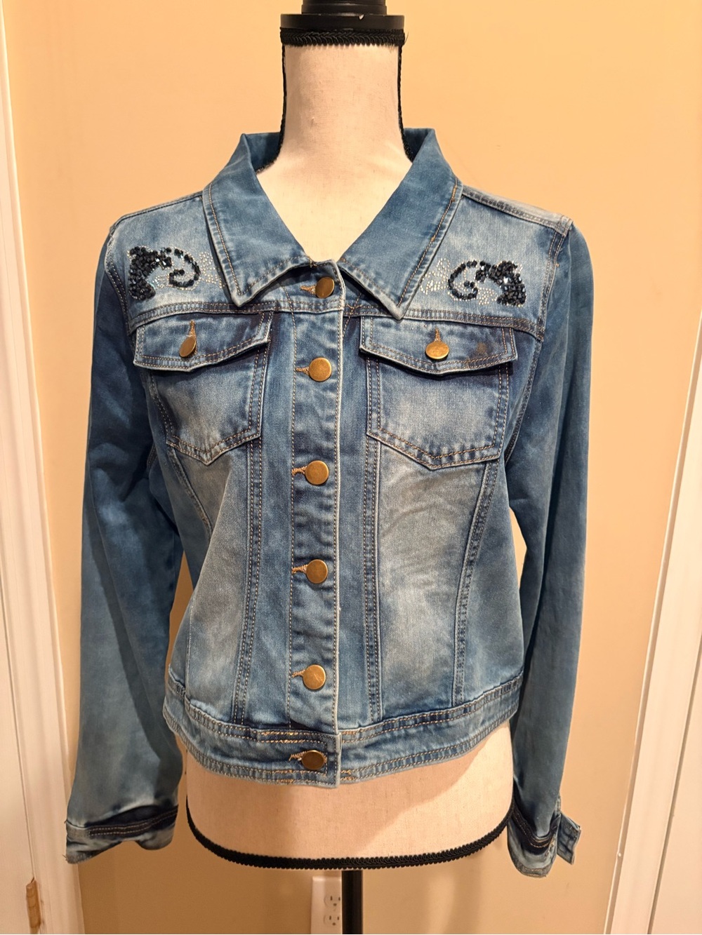 Venus Blue Stone Wash Denim  Button-Front Jacket with Embellished Stones